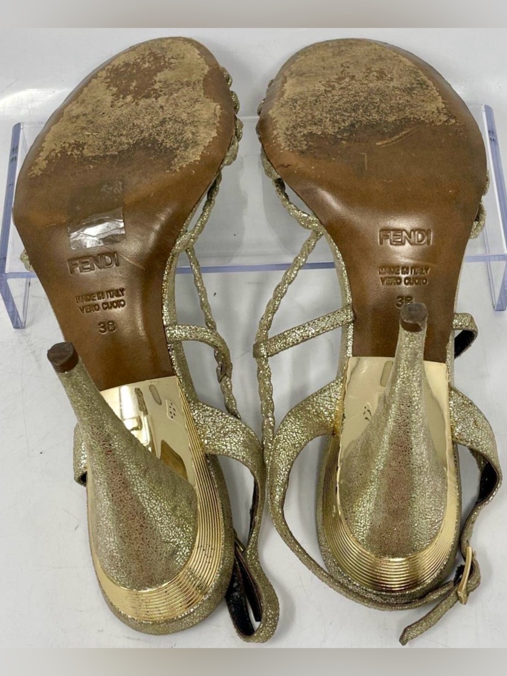 Fendi Vintage Metallic Gold Leather Braided Cage Stiletto Sandals Heels EU 38 - Picture 4 of 6
